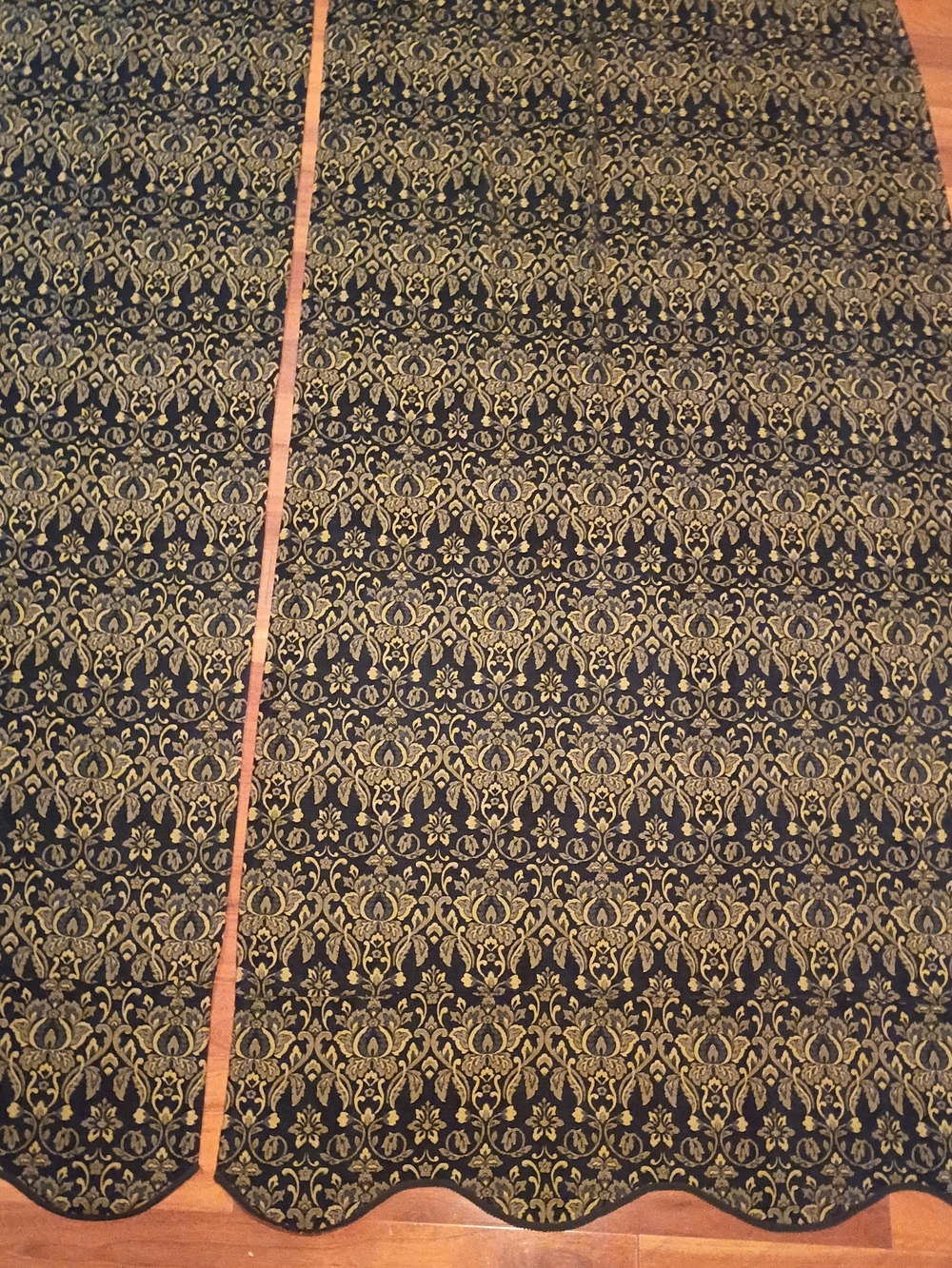 Vintage JCPenney Black Gold Damask Curtains 2 Panels Scalloped 50x100 Extra Long